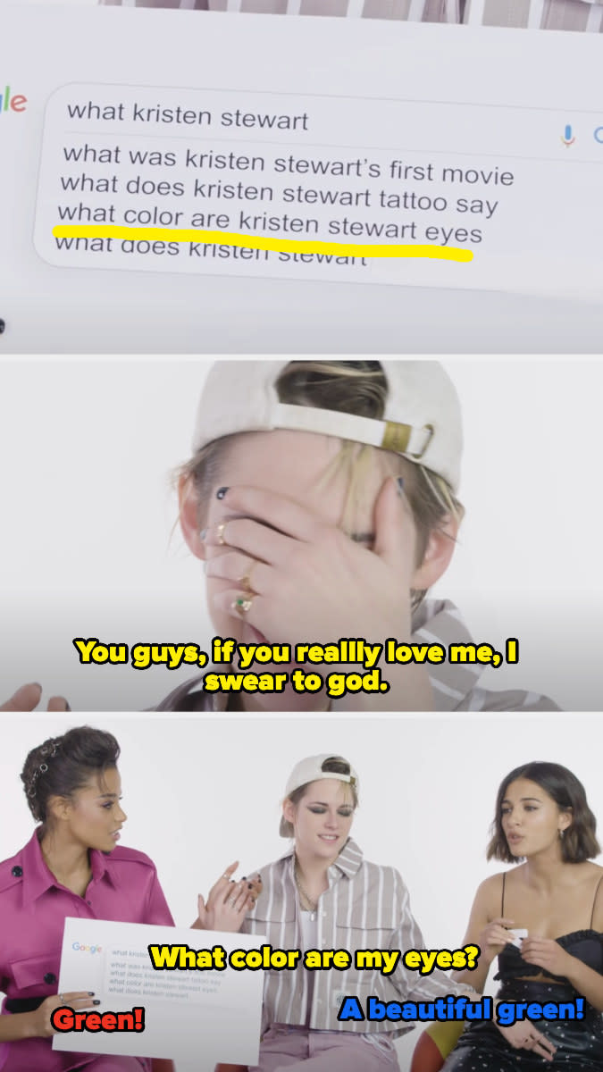 A question about kristen's eye color, her covering her eyes and making them guess, and them saying green correctly