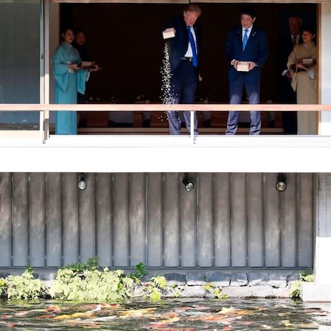 US president Donald Trump and Japanese prime minister Shinzo Abe - Credit: AFP