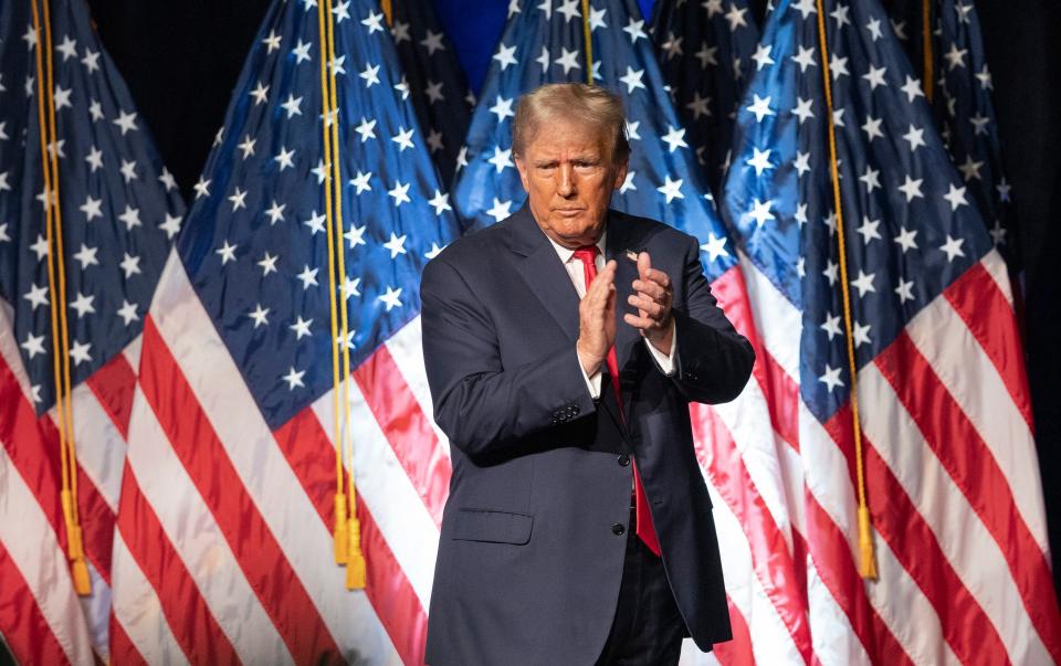 Former President Donald Trump speaks at the Palm Beach County Convention Center in West Palm Beach, Florida on October 11, 2023.