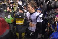 <p>Pittsburgh Steelers quarterback Ben Roethlisberger (7) and New England Patriots quarterback Tom Brady (12) meet on the field following an NFL football game in Pittsburgh, Sunday, Dec. 17, 2017.(AP Photo/Don Wright) </p>