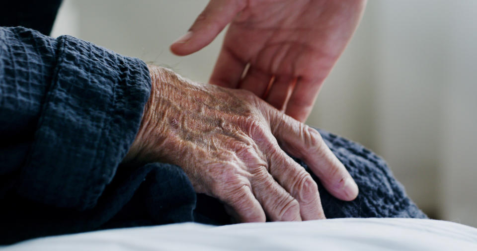 Pensions: Senior man, medical nurse or hands in support