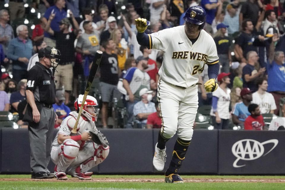 Milwaukee Brewers' Avisail Garcia hits a two-run home run during the seventh inning of a baseball game against the Philadelphia Phillies Tuesday, Sept. 7, 2021, in Milwaukee. (AP Photo/Morry Gash)