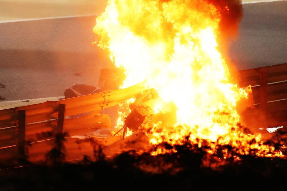 BAHRAIN, BAHRAIN - NOVEMBER 29: A fire is pictured following the crash of Romain Grosjean of France and Haas F1 during the F1 Grand Prix of Bahrain at Bahrain International Circuit on November 29, 2020 in Bahrain, Bahrain. (Photo by Bryn Lennon/Getty Images)