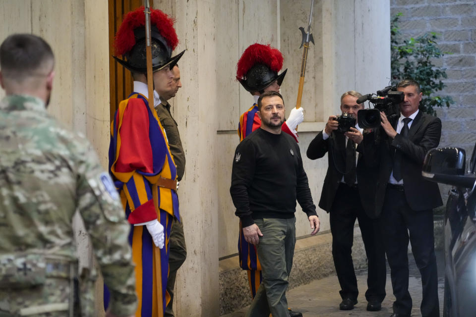Ukrainian President Volodymyr Zelenskyy leaves after meeting with Pope Francis at The Vatican, Saturday, May 13, 2023. Francis recently said that the Vatican has launched a behind-the-scenes initiative to try to end the war launched last year by Russia. (AP Photo/Gregorio Borgia)