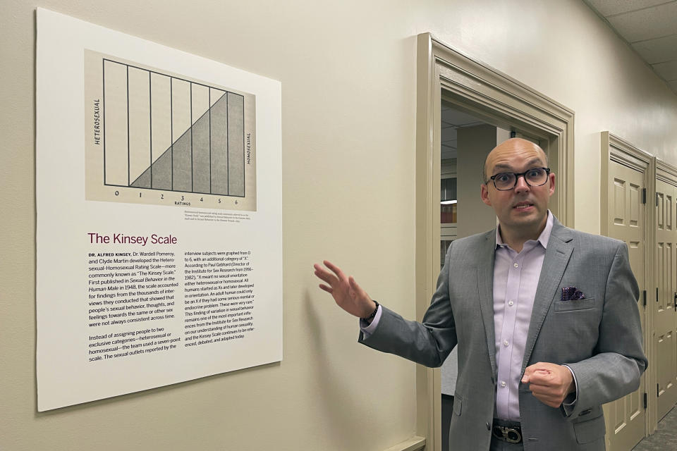 Justin Garcia, director of the Kinsey Institute, discusses the Kinsey Scale, which measures sexual orientation, at the institute's research building on the Indiana University campus, Tuesday, May 16, 2023, in Bloomington, Ind. (AP Photo/Arleigh Rodgers)