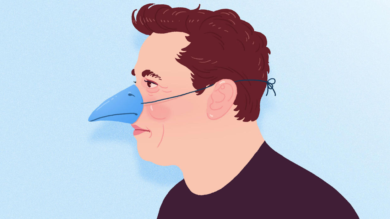 illustration of elon musk wearing a blue beak mask