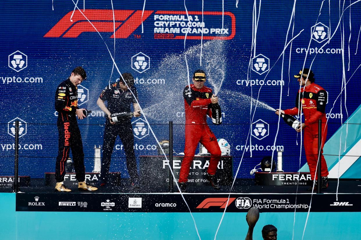 MIAMI GARDENS, FLORIDA - MAY 08: Belgian-Dutch driver Max Verstappen (L) of Red Bull Racing celebrates after winning the F1 Grand Prix of Miami at the Miami International Autodrome on May 08, 2022 in Miami Gardens, Florida. (Photo by Eva Marie Uzcategui Trinkl/Anadolu Agency via Getty Images)