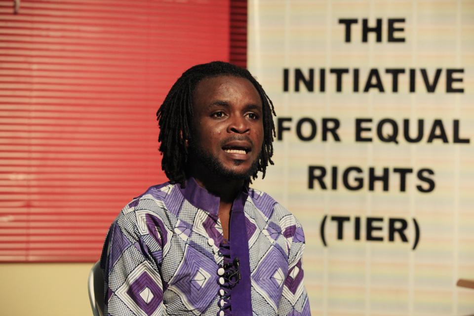 Olumide Makanjuola, an executive director of the Initiative For Equality, speaks to Associated Press during an interview in Lagos, Nigeria, Tuesday, Jan. 14, 2014. Police, working off a list of 168 suspects purportedly obtained through torture, are arresting dozens of gay men in Nigeria's northern Bauchi state, human rights activists said Tuesday. A new law in Nigeria, dubbed the "Jail the Gays" bill, is encouraging the persecution of gays and will endanger programs fighting HIV-AIDS in the gay community, said Dorothy Aken'Ova, executive director of Nigeria's International Center for Reproductive Health and Sexual Rights. On Monday, President Goodluck Jonathan's office confirmed that the Nigerian leader signed the Same Sex Marriage Prohibition Act that criminalizes gay marriage, gay organizations and anyone working with or promoting them. (AP Photo/Sunday Alamba)