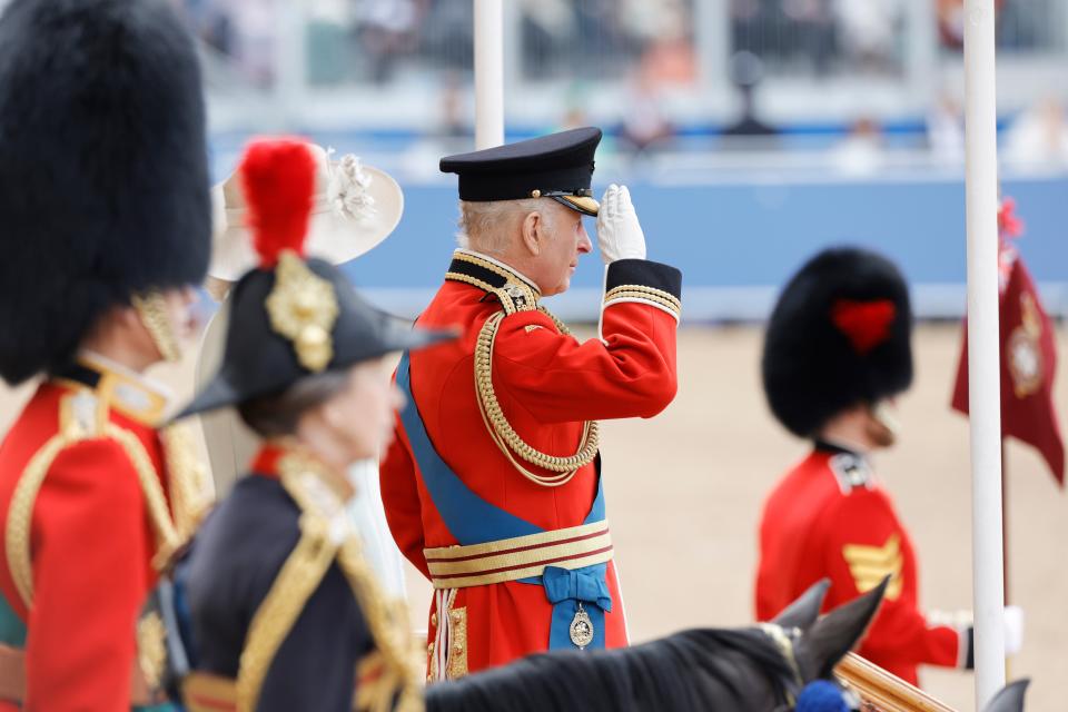 King Charles saluting troops at Horse Guards Parade (Getty)