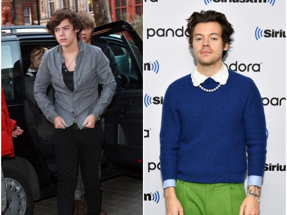 Harry Styles arriving at an "X Factor" press conference in 2010, and Styles at SiriusXM Studios in March 2020.