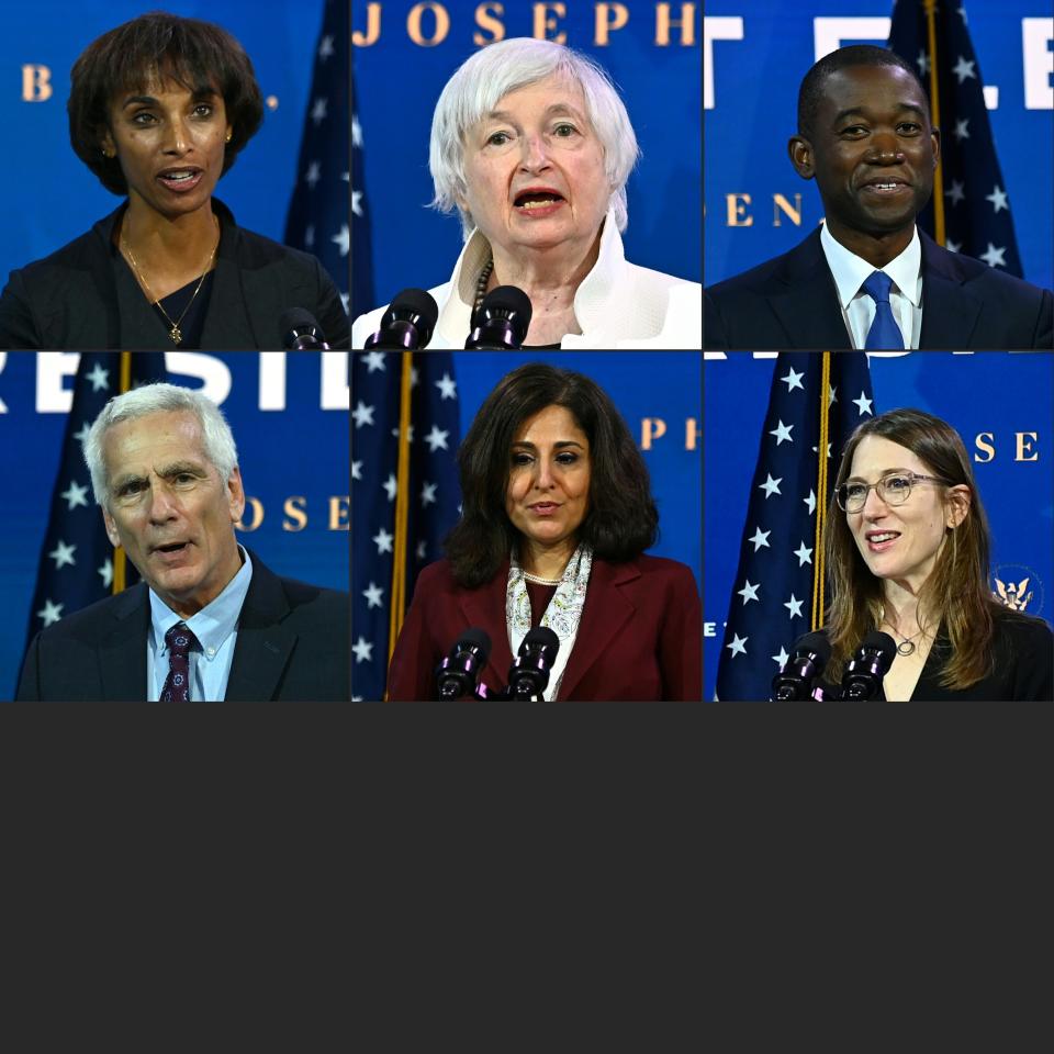 President-elect Joe Biden's economic team at The Queen Theatre in Wilmington, Delaware, on Dec. 1. Top, left to right: Chair of Council of Economic Advisers nominee Cecilia Rouse, Treasury Secretary nominee Janet Yellen, and Deputy Secretary of the Treasury nominee Adewale "Wally" Adeyemo. Bottom, left to right: Council of Economic Advisers nominee Jared Bernstein, Office of Management and Budget nominee Neera Tanden, Council of Economic Advisers nominee Heather Boushey. (Photo: CHANDAN KHANNA via Getty Images)