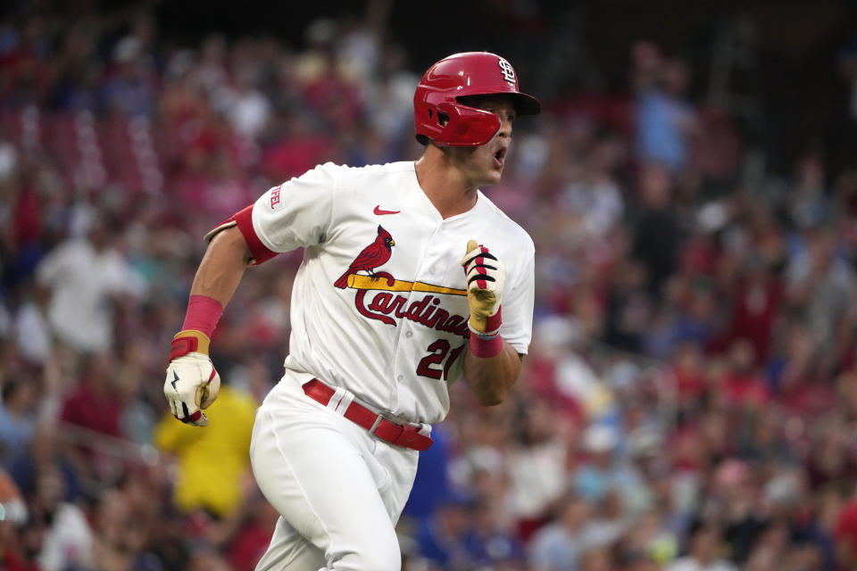 St. Louis Cardinals' Lars Nootbaar celebrates as he rounds the bases after hitting a solo home run during the third inning of a baseball game against the Chicago Cubs Friday, July 28, 2023, in St. Louis. (AP Photo/Jeff Roberson)