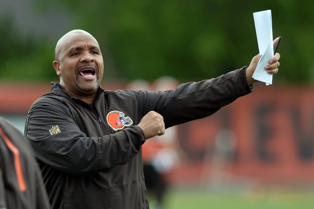 Jun 7, 2016; Berea, OH, USA; Cleveland Browns head coach Hue Jackson yells to the team during minicamp at the Cleveland Browns training facility. Mandatory Credit: Ken Blaze-USA TODAY Sports