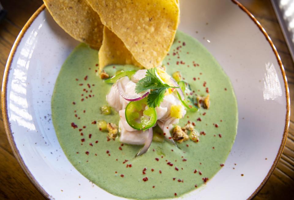 Vecina in Arcadia serves Chula hiramasa ceviche with prilled Pineapple, coconut, leche de tigre and crispy tortilla.