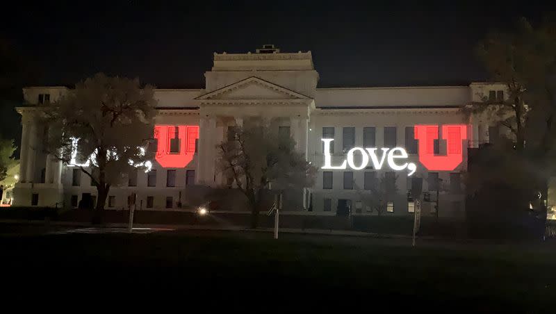 A celebratory light show and video were projected on the University of Utah’s historic Park Building at the culmination of festivities to celebrate the university’s just-completed “Imagine New Heights” giving campaign that raised $3 billion over eight years, on Saturday, April 29, 2023.