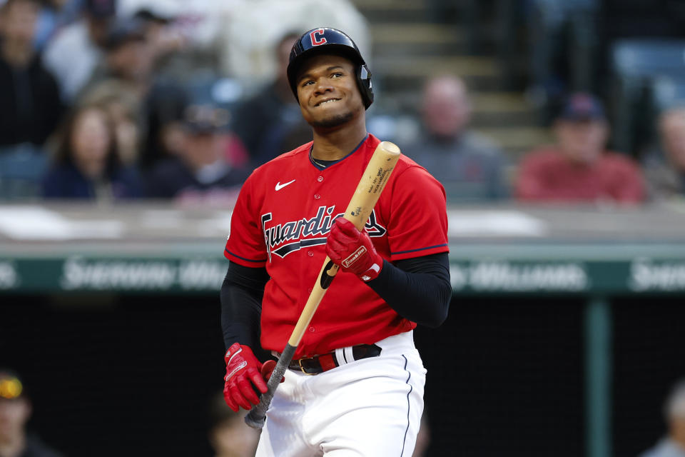 Cleveland Guardians' Oscar Gonzalez reacts after striking out against Minnesota Twins starting pitcher Bailey Ober during the fifth inning of a baseball game, Friday, May 5, 2023, in Cleveland. (AP Photo/Ron Schwane)