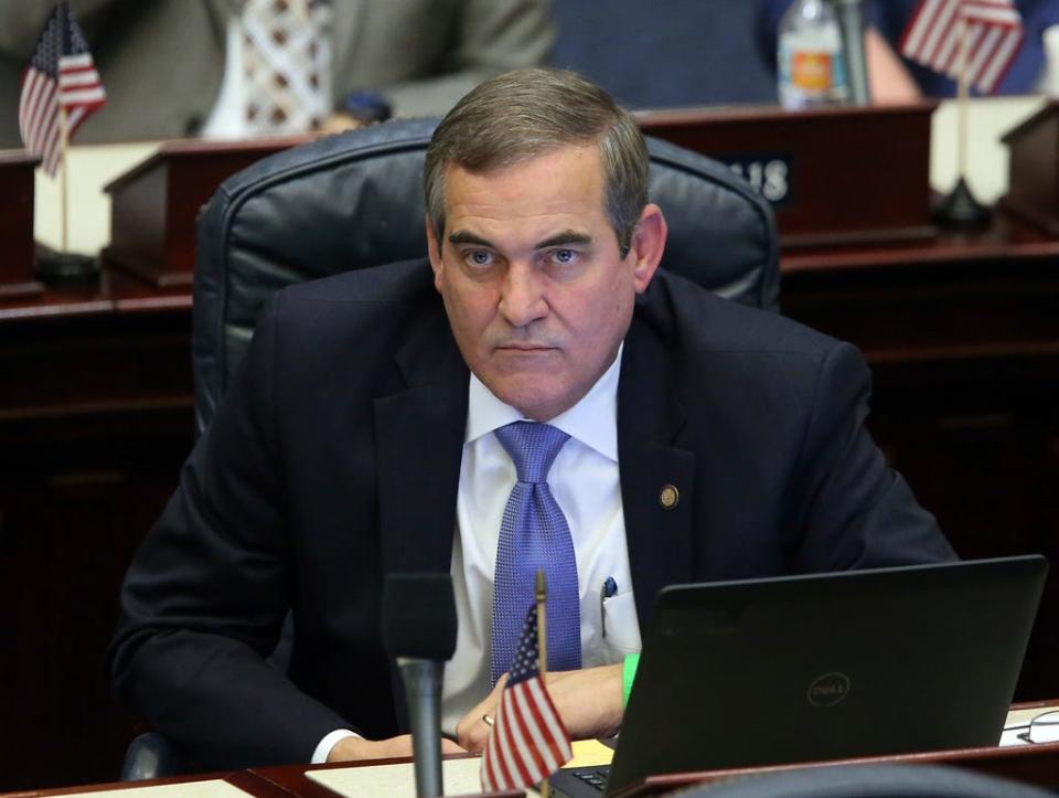 Florida state Rep. Stan McClain, R-Belleview, attends a legislative session, March, 13 2019, in Tallahassee, Fla. Legislation moving in the Florida House would ban discussion of menstrual cycles and other human sexuality topics in elementary grades.