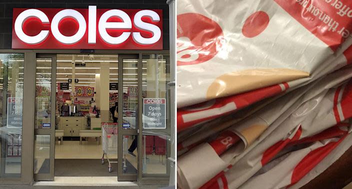 Coles store (left) and a stack of 27 Coles bags (right). Source: Facebook