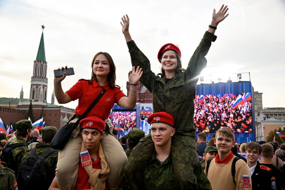 Russian patriotic youth movement Yunarmiya members attend a concert dedicated to the first anniversary of the annexation of four regions of Ukraine Russian troops partly control – Luhansk, Donetsk, Kherson, and Zaporizhzhia oblasts – at Red Square in central Moscow on Sept. 29, 2023. (Alexander Nemenov/AFP via Getty Images)