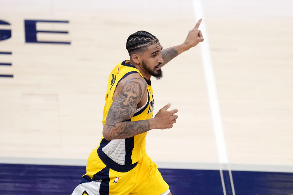 Indiana Pacers forward Obi Toppin celebrates after a dunk during the second half against the Milwaukee Bucks in Game 6 in an NBA basketball first-round playoff series, Thursday, May 2, 2024, in Indianapolis. (AP Photo/Michael Conroy)
