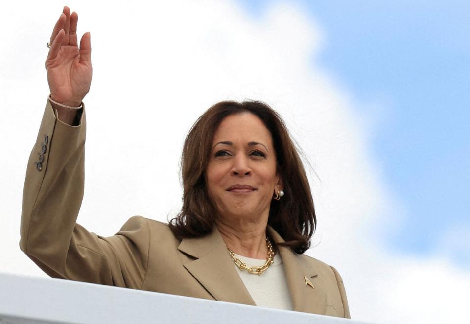 Vice President Kamala Harris waves as she boards Air Force Two to depart on campaign travel to Philadelphia, Pennsylvania on July 13. (REUTERS)
