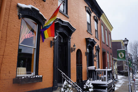 A rainbow flag hangs waves outside Edna's salon in Wheeling, West Virginia, U.S., February 9, 2017. REUTERS/Letitia Stein