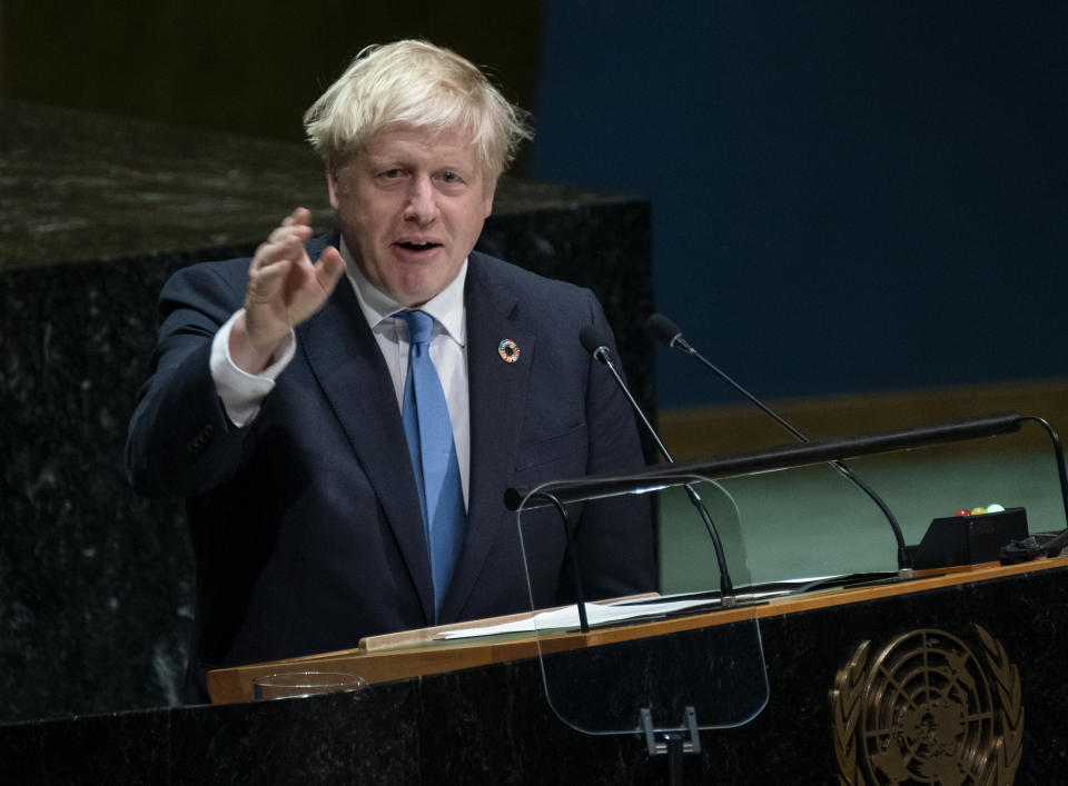 British Prime Minister Boris Johnson addresses the 74th session of the United Nations General Assembly, Tuesday, Sept. 24, 2019, at the U.N. headquarters. (AP Photo/Craig Ruttle)