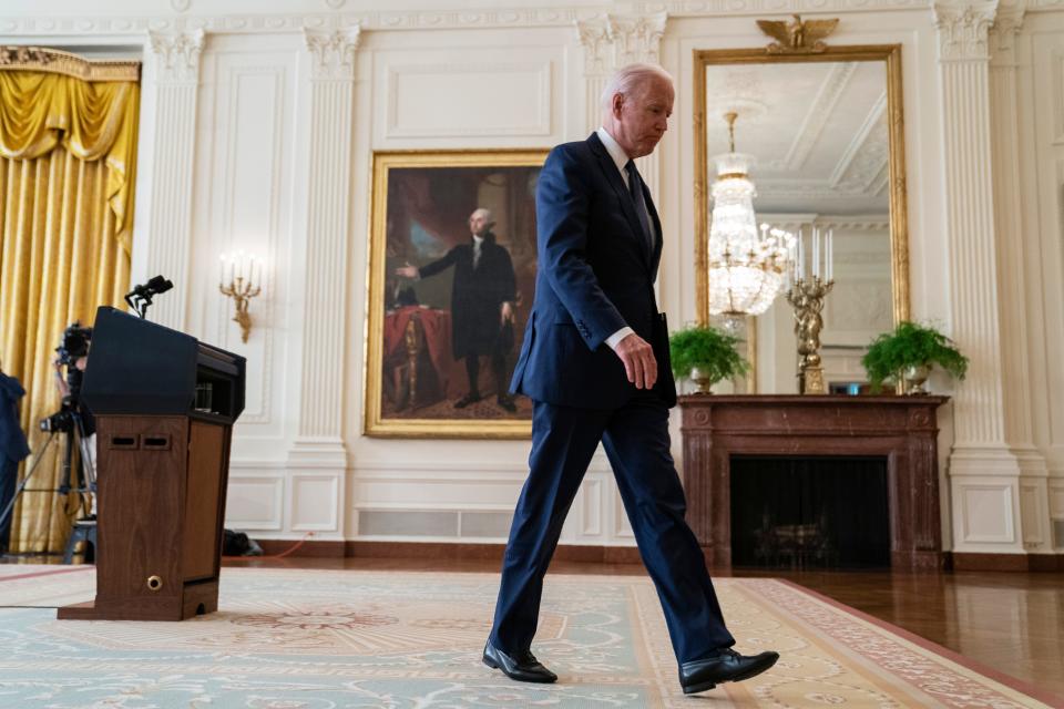 President Joe Biden walks off after speaking  on Aug. 26, 2021, about the bombings at the Kabul airport that killed at least 12 U.S. service members.