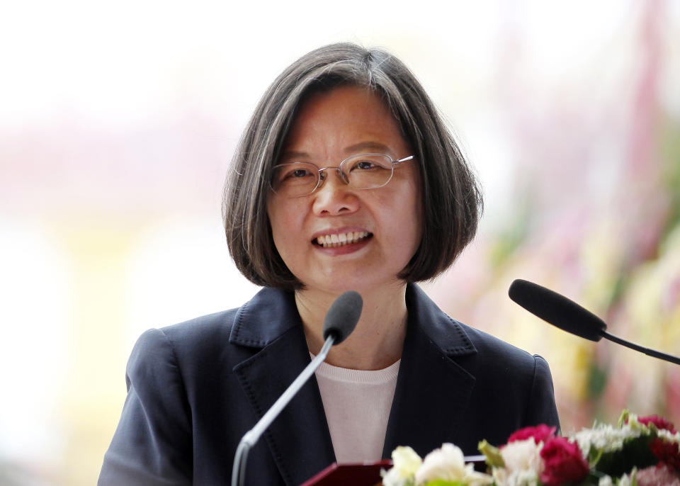 Taiwan's President Tsai Ing-wen delivers a speech during a groundbreaking ceremony for the island's naval submarine factory in Kaohsiung, southern of Taiwan, Thursday, May 9, 2019. (AP Photo/Chiang Ying-ying)