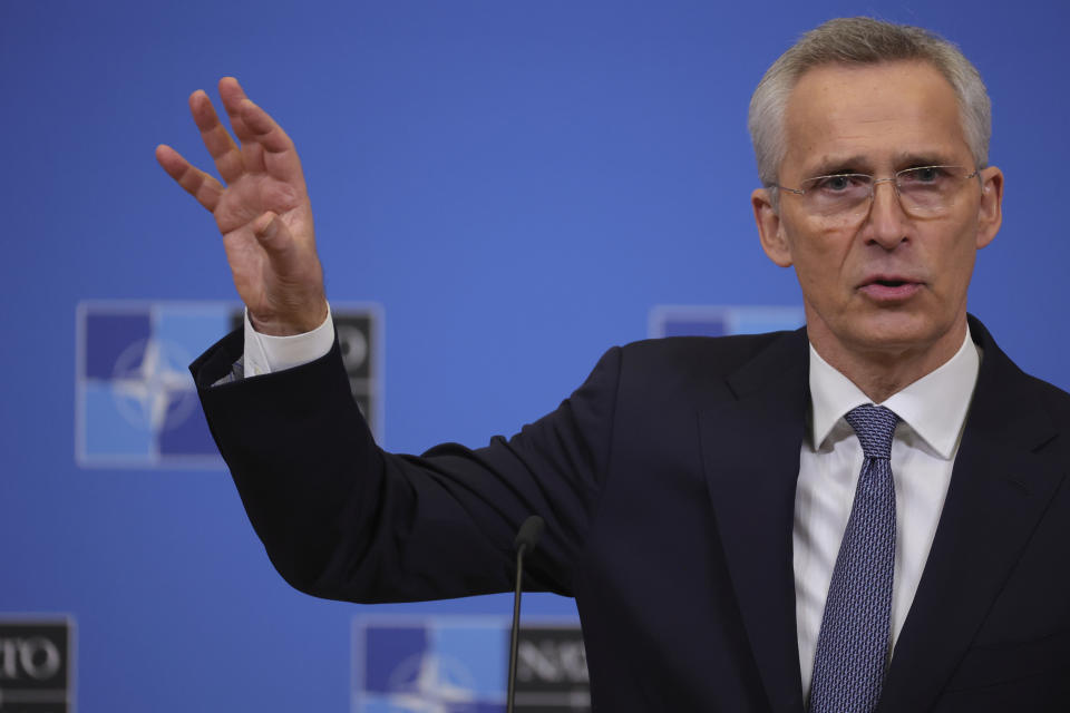 NATO Secretary-General Jens Stoltenberg speaks during a media conference ahead of a meeting of NATO defense ministers at NATO headquarters in Brussels, Monday, Feb. 13, 2023. (AP Photo/Olivier Matthys)