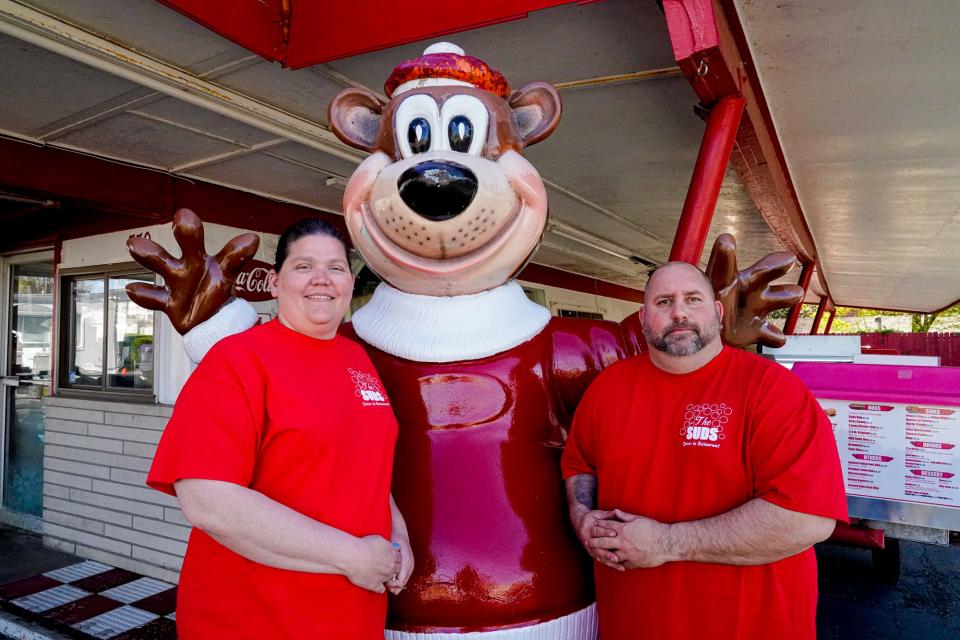 From left, Susan Wagner, operations manager, and Dell Sefton, grill manager at The Suds drive in restaurant, 350 Market Plaza, Greenwood Ind., on Wednesday, April 12, 2023.