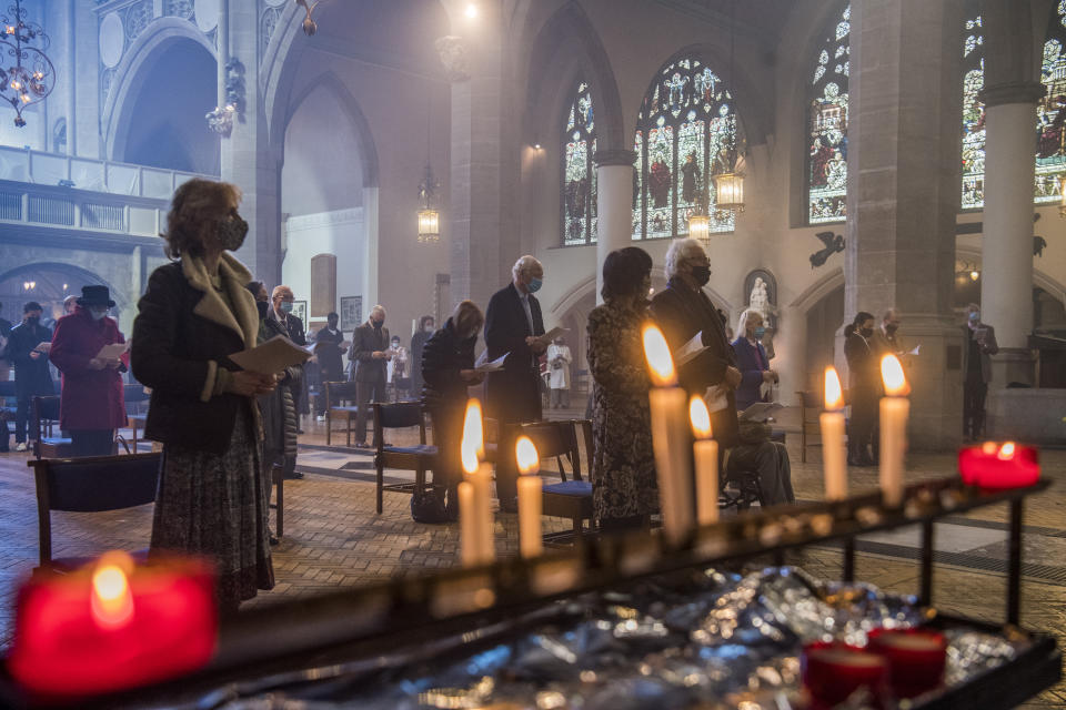 <p>Members of the congregation social distance during the Easter Sunday service at the Holy Trinity Sloane Square church in Chelsea, London. Picture date: Sunday April 4, 2021.</p>
