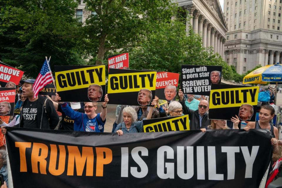 Anti-Trump demonstrators celebrating Donald Trump’s conviction near Manhattan Criminal Court on May 30, 2024. Getty Images