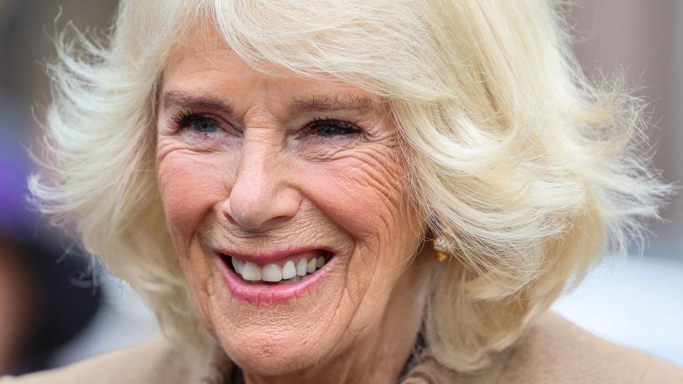 Queen Camilla wore a bejewelled bee brooch from her personal collection and a smaller brooch, believed to be Queen Elizabeth II's