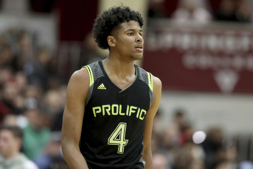 FILE - In this Jan. 19, 2020, file photo, Prolific Prep's Jalen Green pauses during the team's high school basketball game against La Lumiere at the Hoophall Classic in Springfield, Mass. Green and other elite players have shifted gears and are taking a new route to reach the ranks of the NBA by playing in the developmental G League. (AP Photo/Gregory Payan, File)