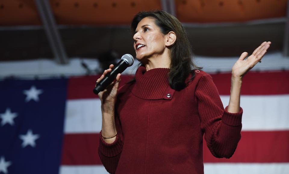 Nikki Haley, GOP presidential candidate, campaigns at Mauldin High School in Mauldin, S.C., on Jan. 27, 2024.