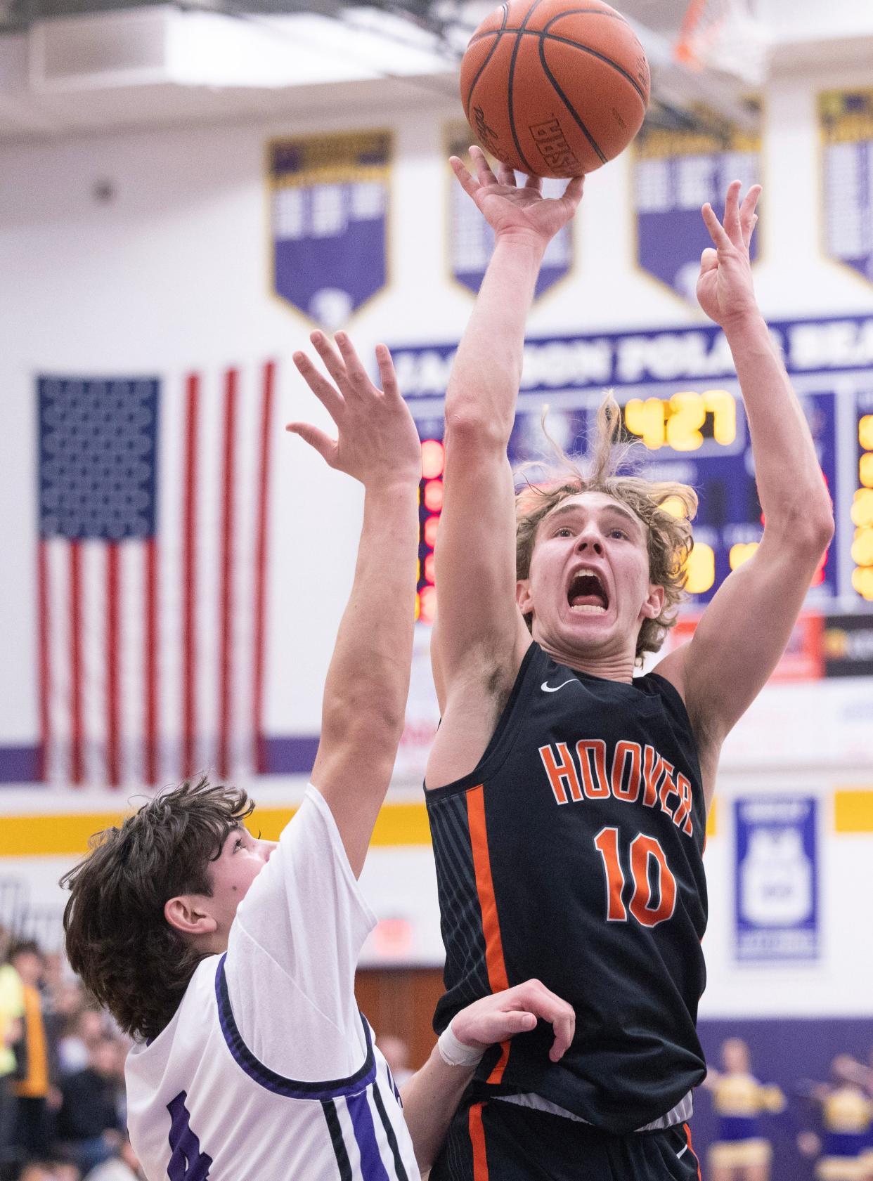 Hoover's Zac Braucher, shown here shooting during a game against Jackson in January, scored 9 points in Saturday's sectional final win over Avon Lake.