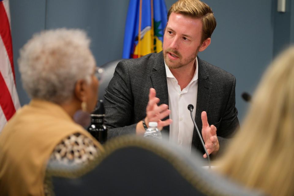 Oklahoma state schools Superintendent Ryan Walters speaks Thursday, Jan. 18, 2024, during a special meeting of the Oklahoma State Board of Education to consider revoking the license of a teacher from the Western Heights district.