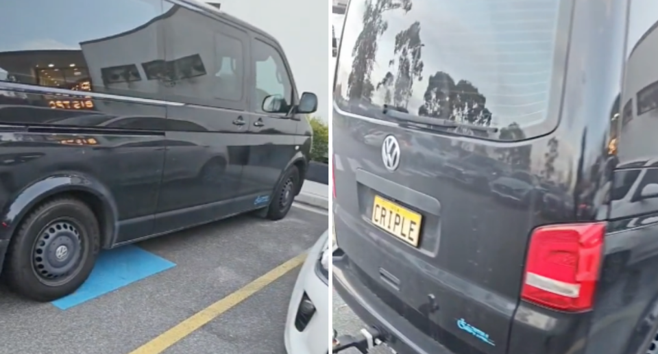 Image of the black van parked in a disabled car spot, sporting a number plate that reads: 'CRIPLE'.