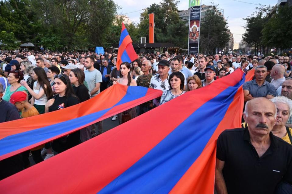 Demonstrators rally in support of Karabakh to demand the reopening of a blockaded road linking the Nagorno-Karabakh region to Armenia and to decry crisis conditions in the region, in Yerevan, on September 2, 2023. Karabakh has been at the centre of a decades-long dispute between Armenia and Azerbaijan, which have fought two wars over the mountainous territory. (Photo by Karen MINASYAN / AFP) (Photo by KAREN MINASYAN/AFP via Getty Images)