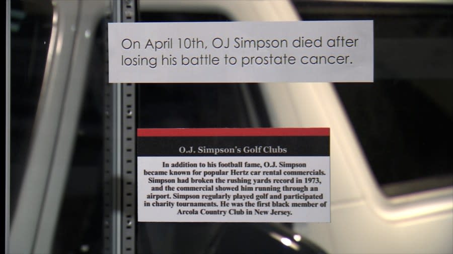 Signage on the case holding O.J. Simpson’s Golf Clubs at Alcatraz East Crime Museum. (WATE)