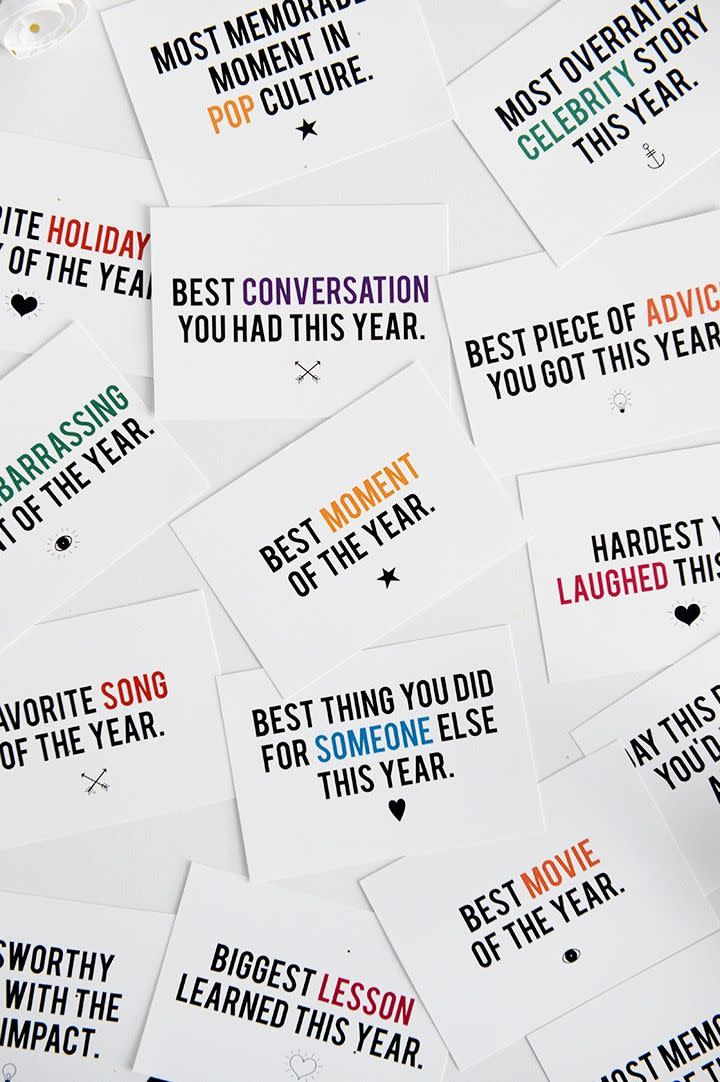 <p>Here's a game that requires almost no effort (or cost) to prep — especially if you use this free printable. The idea is to spark conversation (and maybe even some controversy) with answers to prompts printed on cards: Best Song of the Year, Best Movie of the Year, Most Embarrassing Moment, Best Piece of Advice You Were Given This Year, and so on.</p><p><em><a href="https://www.aliceandlois.com/new-years-game-free-printable/" rel="nofollow noopener" target="_blank" data-ylk="slk:Get the printable at Alice & Lois»;elm:context_link;itc:0;sec:content-canvas" class="link ">Get the printable at Alice & Lois»</a></em><br></p>