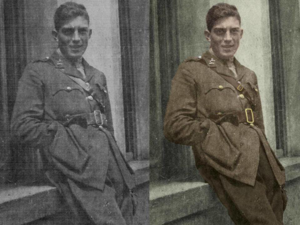 2nd Lt Bill Fisk of the 12th Battalion, King’s Liverpool Regiment behind the lines on the Somme, 11 August 1918 – in original black and white and, right, colourised as he might have looked at the time.