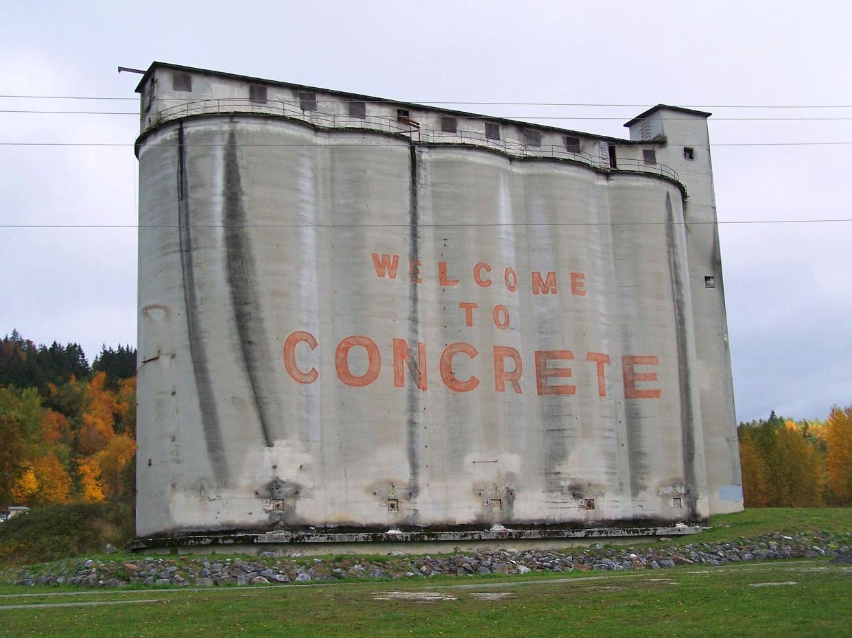 Portland Superior Cement Silos in Concrete, at Superior Avenue and Highway 20. The words "Welcome to Concrete" were painted on for the filming of This Boy's Life