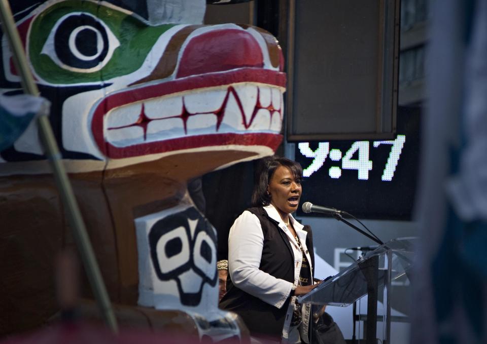 Bernice King, daughter of Martin Luther King Jr addresses people attending a First Nations' Truth and Reconciliation gathering in Vancouver