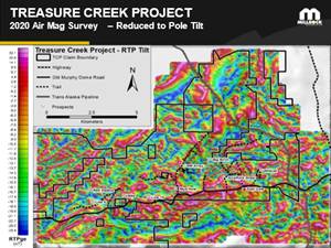 Figure 3: Airborne magnetic map from recently completed survey. The magnetic map indicates areas of intrusive rocks and structures that assist in tracing gold mineralization. Historic prospect locations are shown.