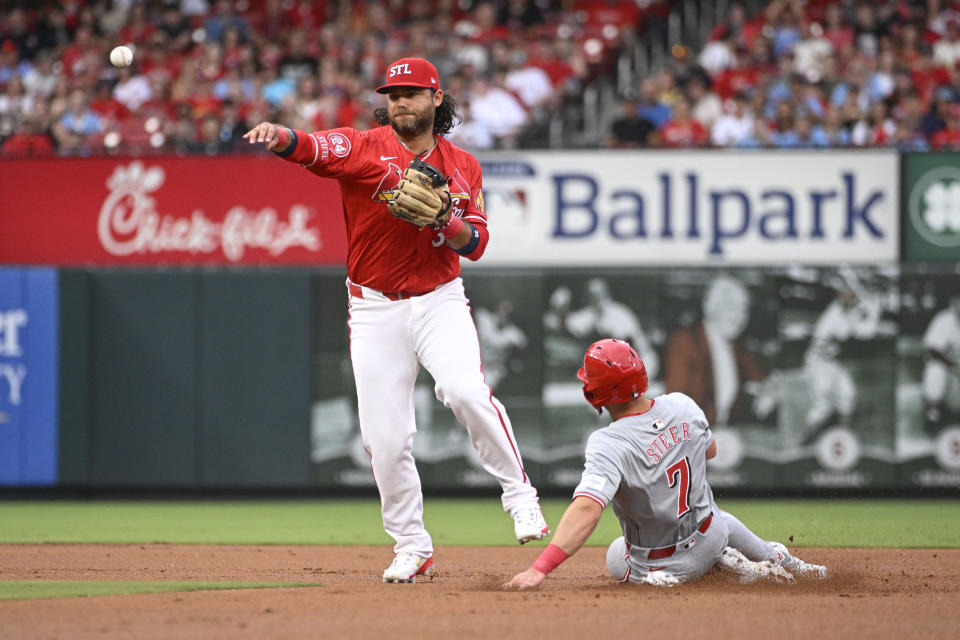 St. Louis Cardinals shortstop Brandon Crawford throws to first after forcing out Cincinnati Reds' Spencer Steer at second base, on a double play hit into by Nick Martini during the first inning of a baseball game Friday, June 28, 2024, in St. Louis. (AP Photo/Joe Puetz)