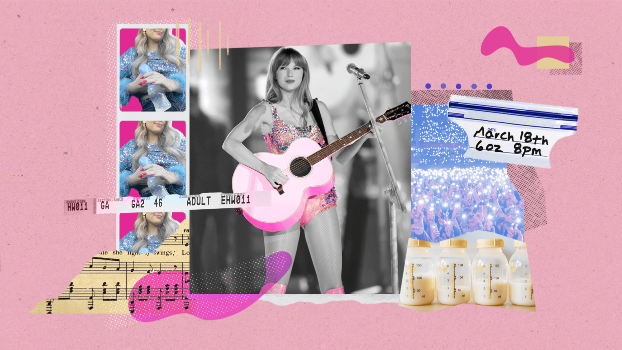New moms like Summer Gibbons (inset) have been bringing their breast pumps to Taylor Swift's Era tour. (Image: Illustration by Joamir Salcedo; photos: TikTok: @SummerGibby/Getty Images)