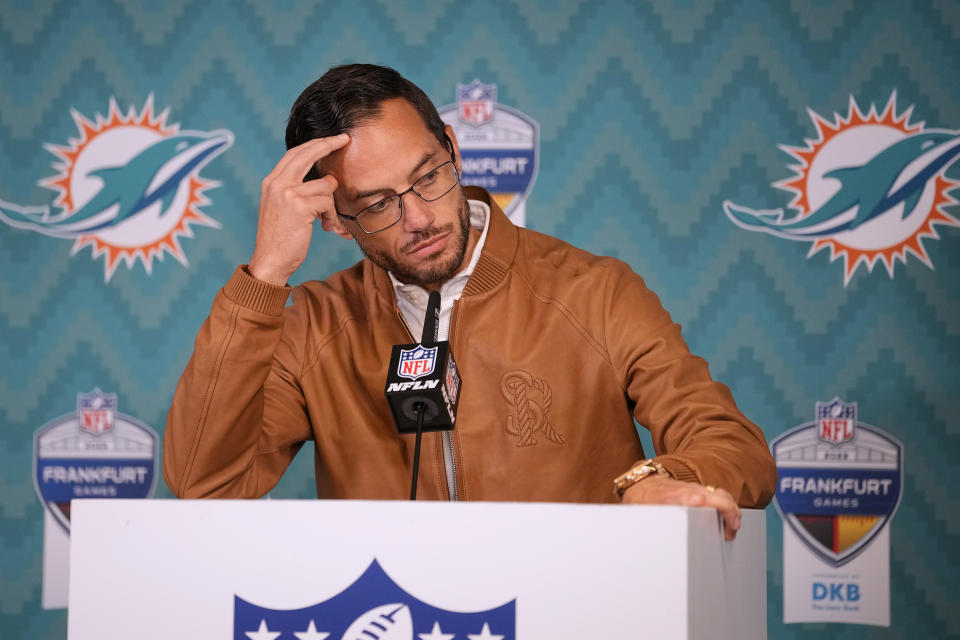 Miami Dolphins head coach Mike McDaniel pauses during a news conference following an NFL football game Sunday, Nov. 5, 2023, in Frankfurt, Germany. The Chiefs won 21-14. (AP Photo/Martin Meissner)