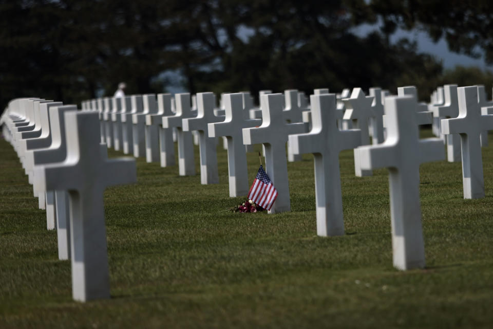 General view of headstones in the US cemetery of Colleville-sur-Mer, Normandy, Saturday, June, 4 2022. Several ceremonies will take place to commemorate the 78th anniversary of D-Day that led to the liberation of France and Europe from the German occupation. (AP Photo/Jeremias Gonzales)